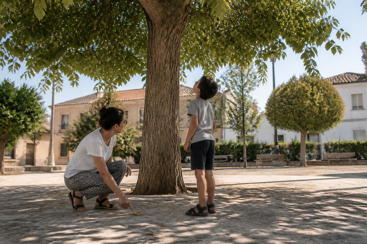 Una persona adulta y un menor observan una hoja ca�da, la corteza y la copa de un �rbol de sombra en una plaza de Hell�n