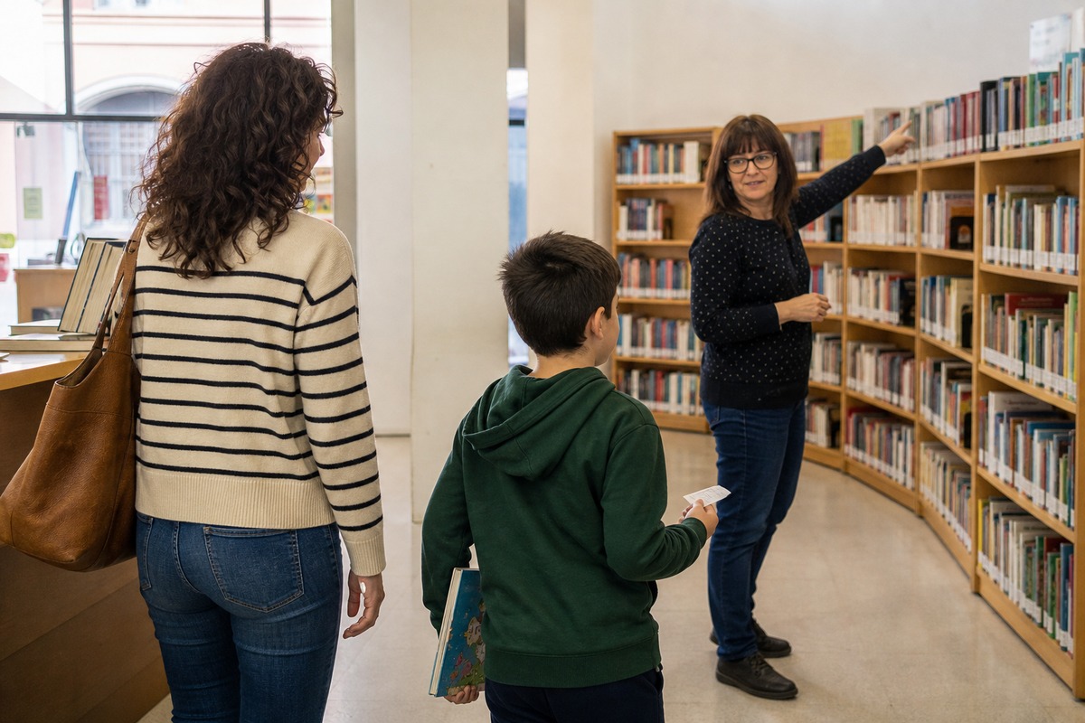Una bibliotecaria orienta a una familia que llega con un libro y el carn� preparados