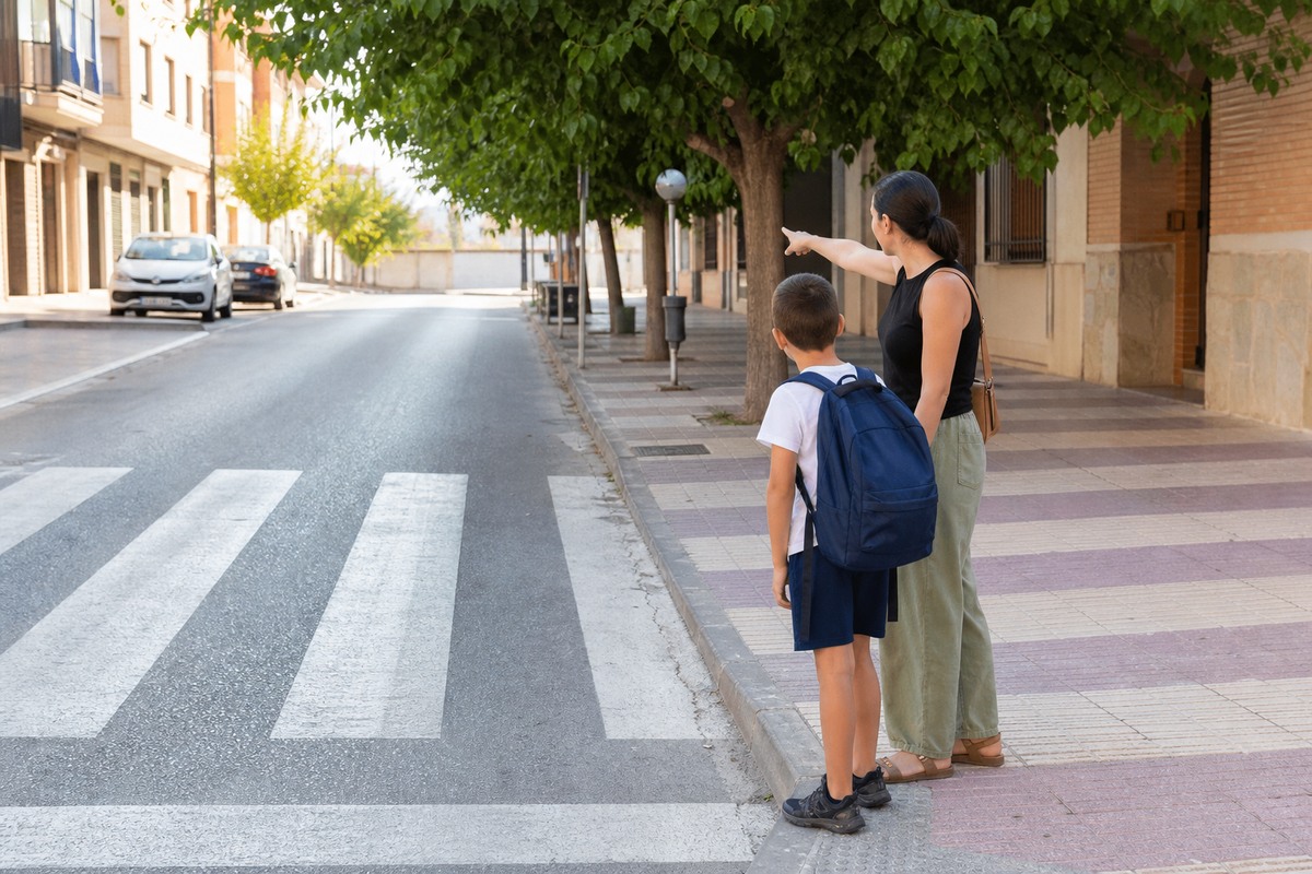 Una madre y un ni&ntilde;o comprueban la visibilidad de un paso de peatones